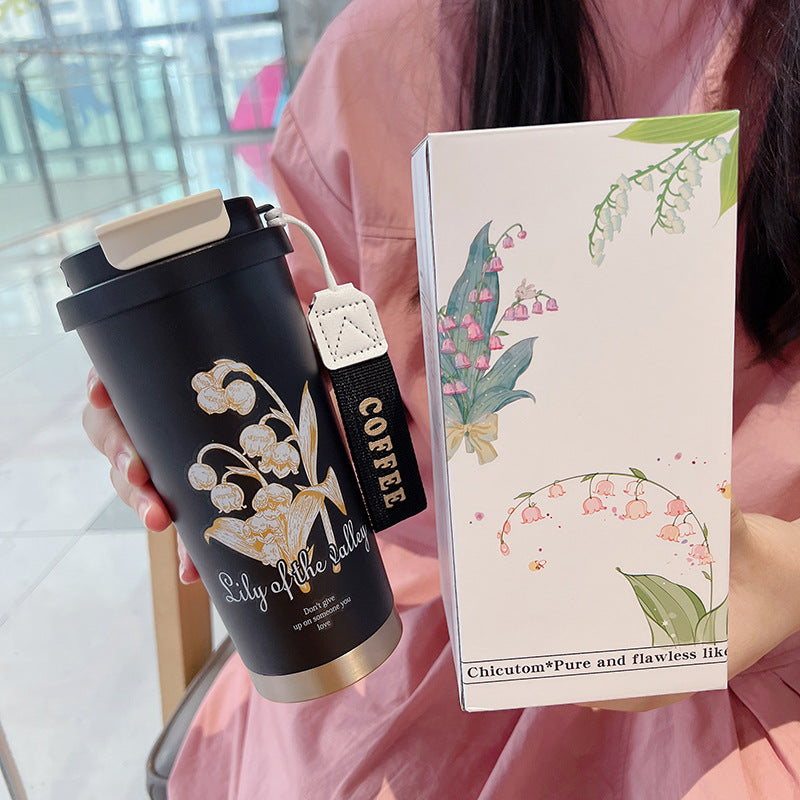New 316 Coffee Cup Lily of the Valley Insulated Cup Student High-Value Travel Cup Car Dual Drinking Straw Water Cup