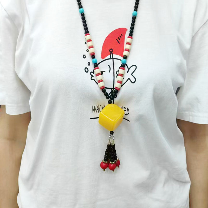 Chinese Style Long Elephant Sweater Chain Simple Ethnic Style Water Drop Decorative Necklace Accessory for Women Retro