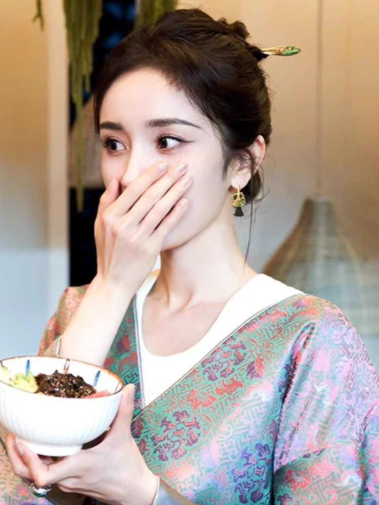 Chinese Style Enamel Drop Glaze Fan Earrings for Women, Niche High-end Design, Multi-wear Painted Earrings