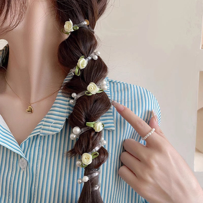 New Sweet Butterfly Rose Beaded Telephone Wire Hair Tie Ponytail Bubble Braid Magic Braiding Rope Hair Accessory