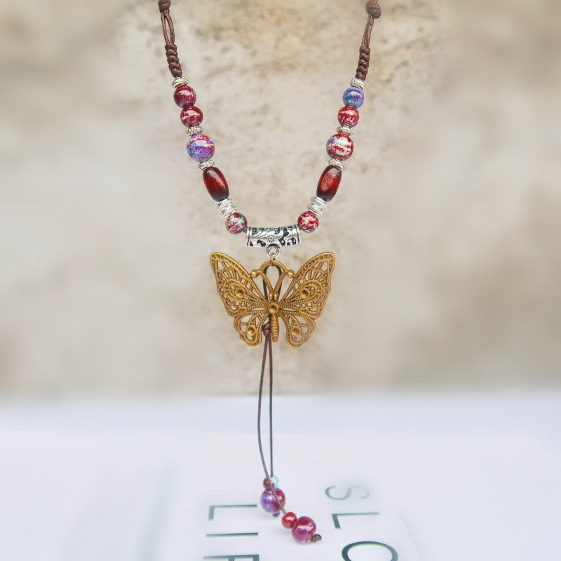 Butterfly Ethnic Style Ceramic Long Sweater Chain Women's Ancient Style Pendant Retro Chinese Style Butterfly Necklace Wholesale