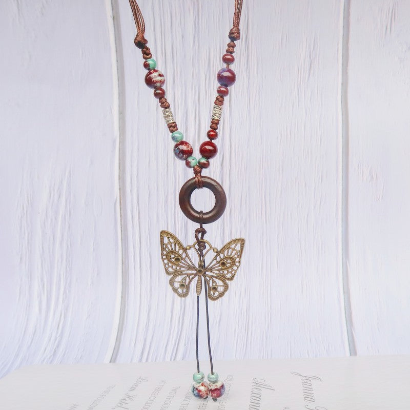 Butterfly Ethnic Style Ceramic Long Sweater Chain Women's Ancient Style Pendant Retro Chinese Style Butterfly Necklace Wholesale