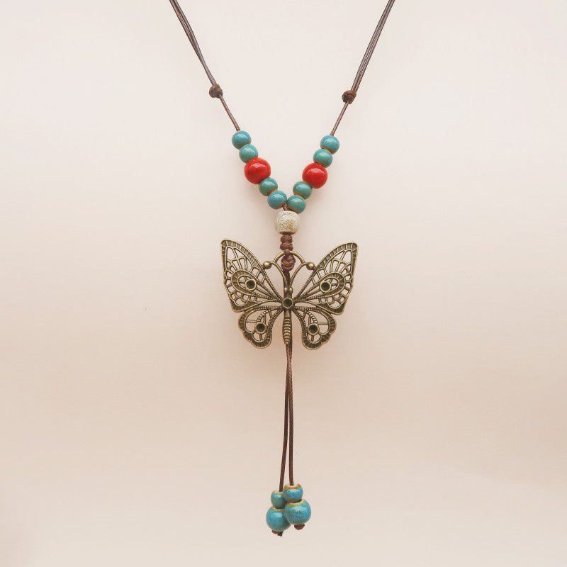 Butterfly Ethnic Style Ceramic Long Sweater Chain Women's Ancient Style Pendant Retro Chinese Style Butterfly Necklace Wholesale