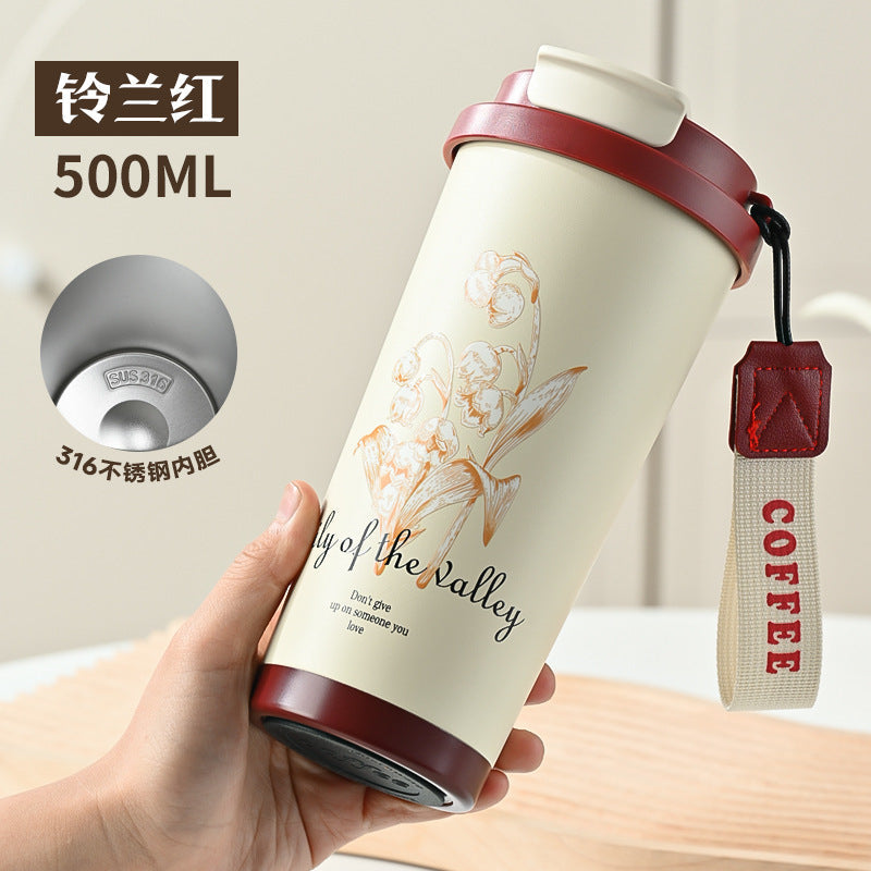 New 316 Coffee Cup Lily of the Valley Insulated Cup Student High-Value Travel Cup Car Dual Drinking Straw Water Cup