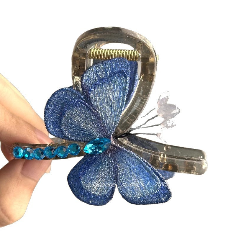 Butterfly Temperament Chinese Retro Style Embroidered Butterfly Claw Clip Back of Head Half Updo Shark Clip Hair Accessory Travel Hairpin