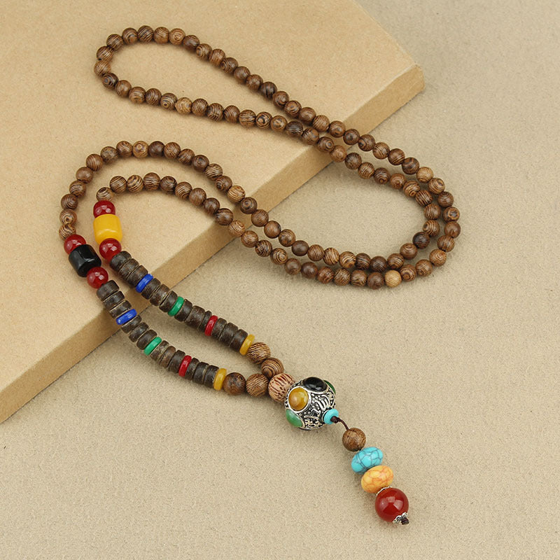 Ethnic Style Retro Long Wooden Sweater Chain Bodhi Pendant Wooden Bead Necklace Men's and Women's Cotton and Linen Pendant Accessories Wholesale