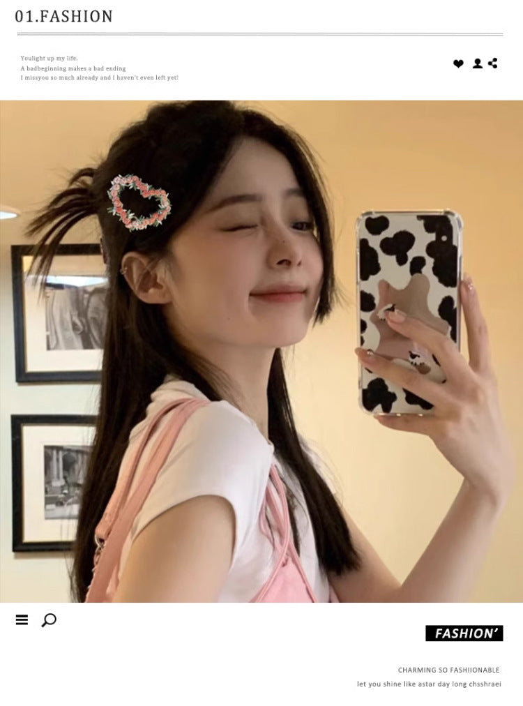 Chinese Embroidery High-end Pink Flower Hair Clip for Women 2025 New Sweet Heart BB Clip Forehead Side Bangs Hairpin Hair Accessory