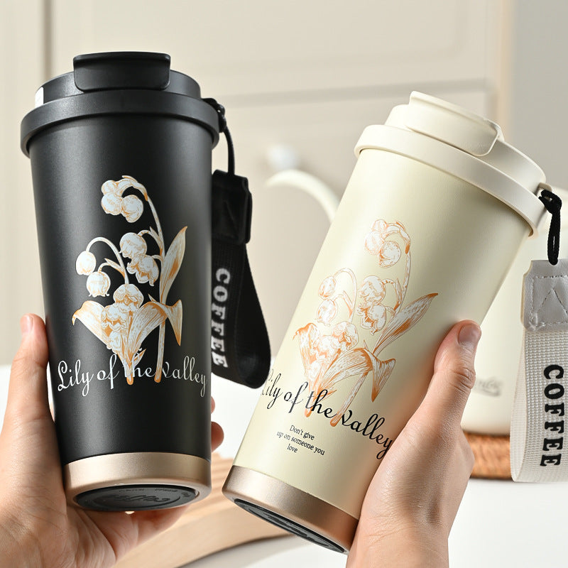 New 316 Coffee Cup Lily of the Valley Insulated Cup Student High-Value Travel Cup Car Dual Drinking Straw Water Cup