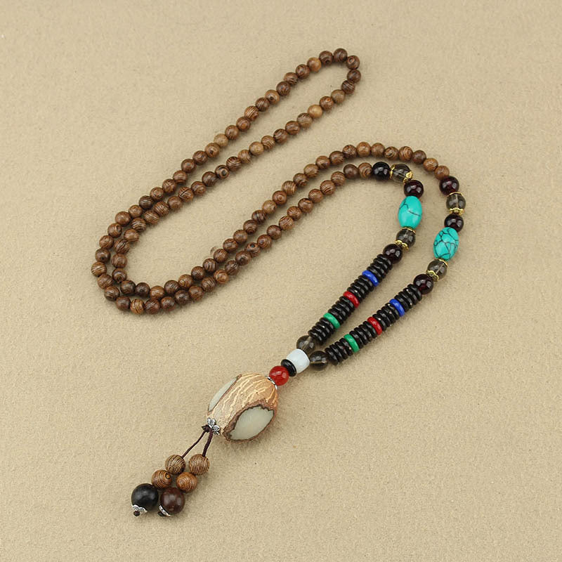 Ethnic Style Retro Long Wooden Sweater Chain Bodhi Pendant Wooden Bead Necklace Men's and Women's Cotton and Linen Pendant Accessories Wholesale