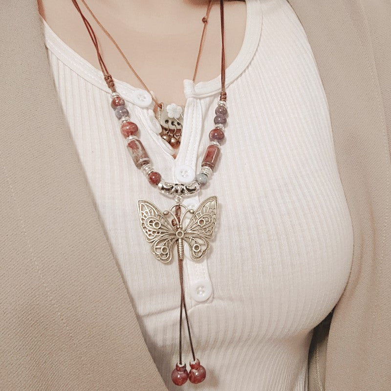 Butterfly Ethnic Style Ceramic Long Sweater Chain Women's Ancient Style Pendant Retro Chinese Style Butterfly Necklace Wholesale