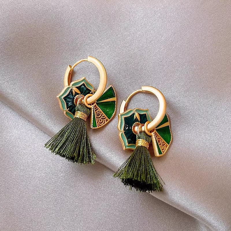Chinese Style Enamel Drop Glaze Fan Earrings for Women, Niche High-end Design, Multi-wear Painted Earrings