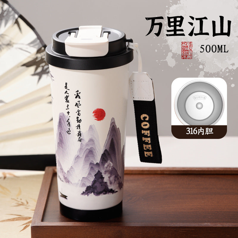 New 316 Coffee Cup Lily of the Valley Insulated Cup Student High-Value Travel Cup Car Dual Drinking Straw Water Cup