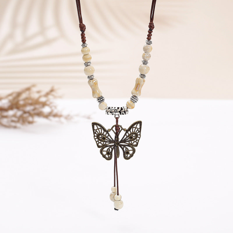 Butterfly Ethnic Style Ceramic Long Sweater Chain Women's Ancient Style Pendant Retro Chinese Style Butterfly Necklace Wholesale