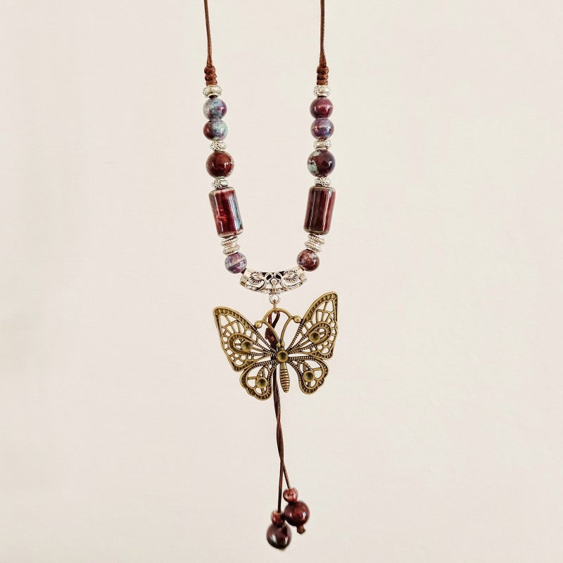 Butterfly Ethnic Style Ceramic Long Sweater Chain Women's Ancient Style Pendant Retro Chinese Style Butterfly Necklace Wholesale
