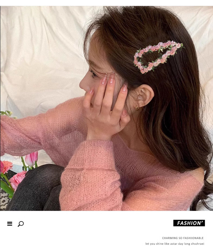 Chinese Embroidery High-end Pink Flower Hair Clip for Women 2025 New Sweet Heart BB Clip Forehead Side Bangs Hairpin Hair Accessory