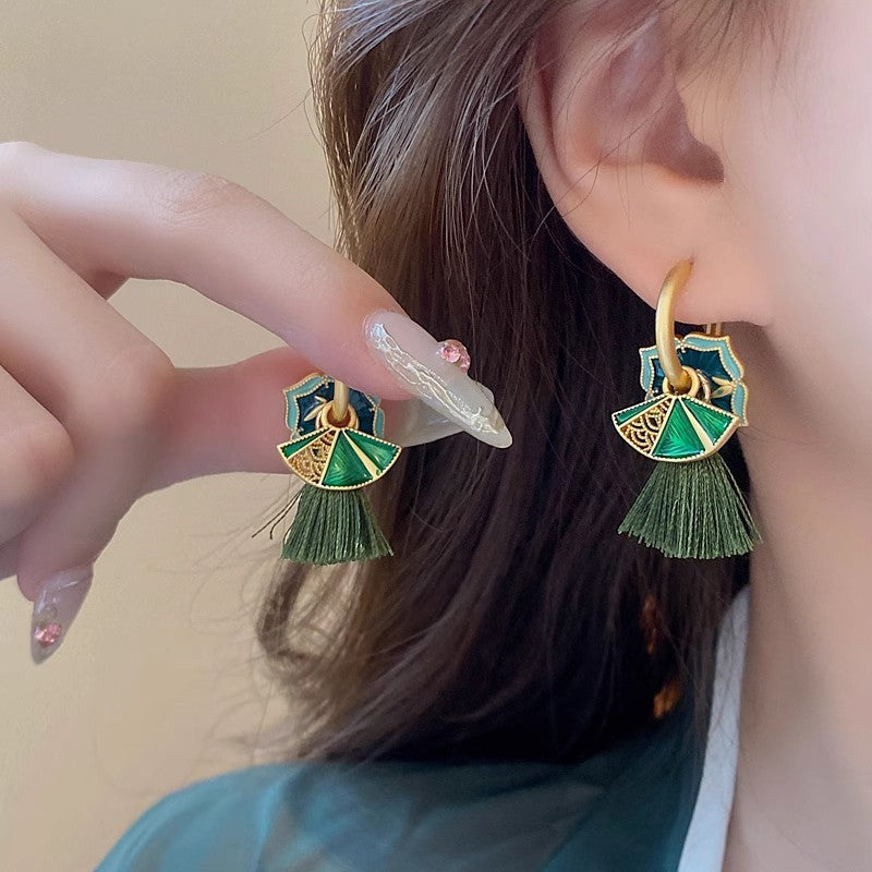 Chinese Style Enamel Drop Glaze Fan Earrings for Women, Niche High-end Design, Multi-wear Painted Earrings