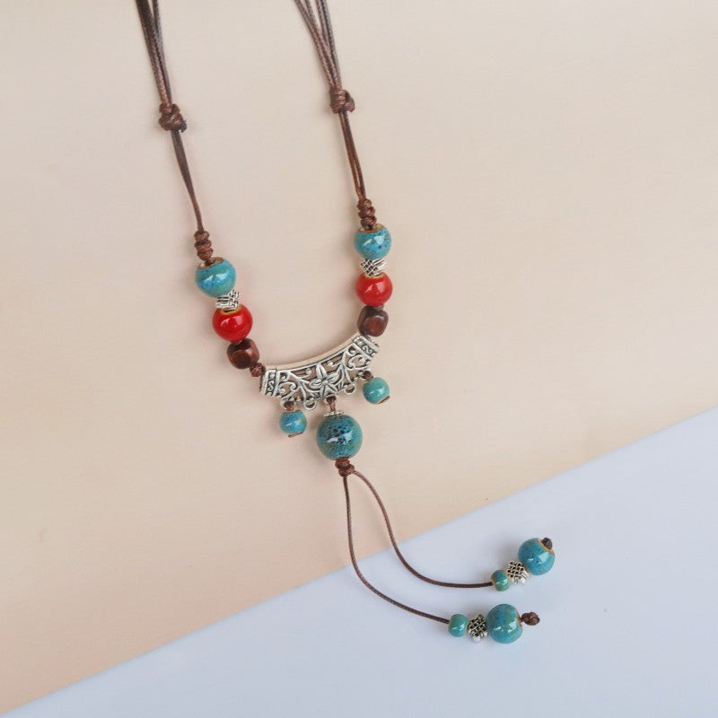 Butterfly Ethnic Style Ceramic Long Sweater Chain Women's Ancient Style Pendant Retro Chinese Style Butterfly Necklace Wholesale