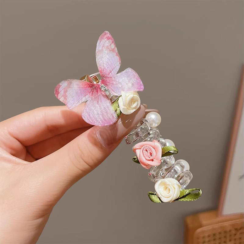 New Sweet Butterfly Rose Beaded Telephone Wire Hair Tie Ponytail Bubble Braid Magic Braiding Rope Hair Accessory
