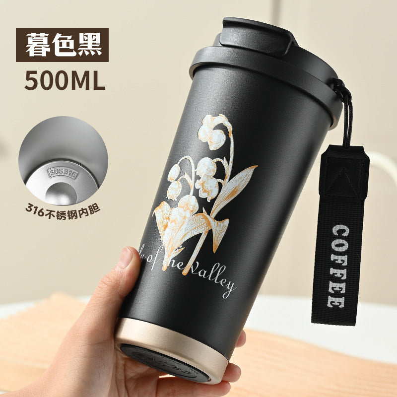 New 316 Coffee Cup Lily of the Valley Insulated Cup Student High-Value Travel Cup Car Dual Drinking Straw Water Cup