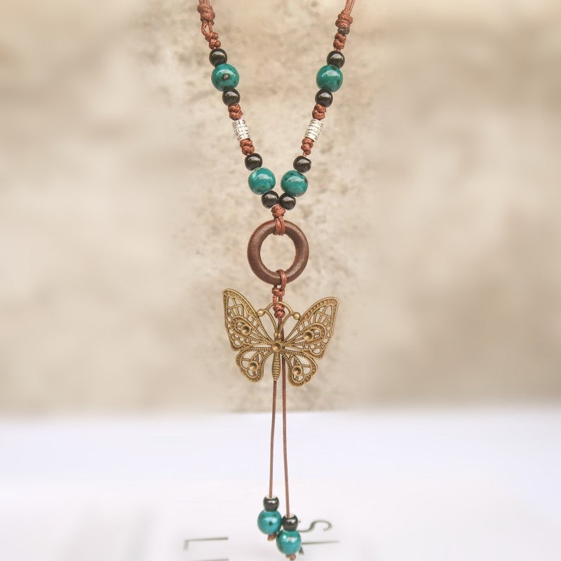 Butterfly Ethnic Style Ceramic Long Sweater Chain Women's Ancient Style Pendant Retro Chinese Style Butterfly Necklace Wholesale