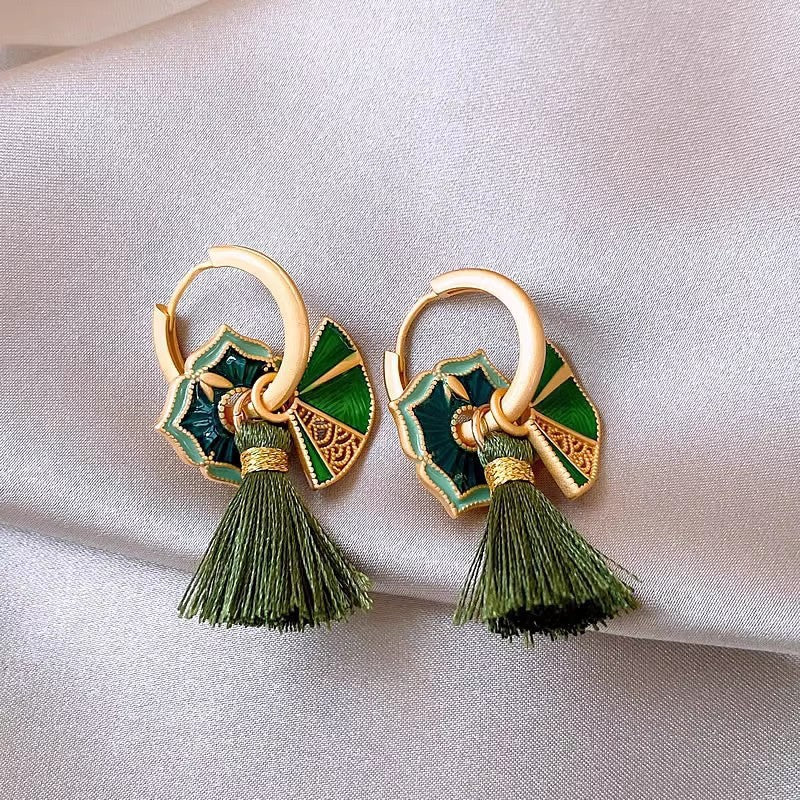 Chinese Style Enamel Drop Glaze Fan Earrings for Women, Niche High-end Design, Multi-wear Painted Earrings