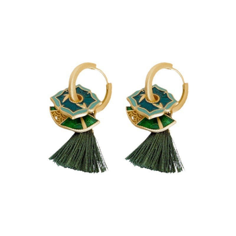 Chinese Style Enamel Drop Glaze Fan Earrings for Women, Niche High-end Design, Multi-wear Painted Earrings