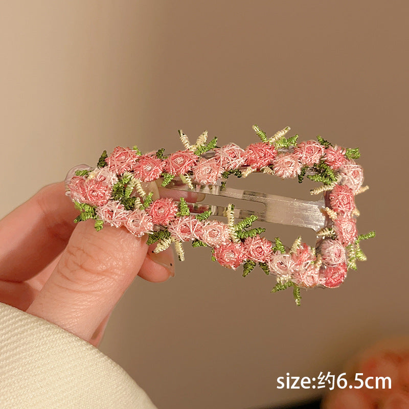 Chinese Embroidery High-end Pink Flower Hair Clip for Women 2025 New Sweet Heart BB Clip Forehead Side Bangs Hairpin Hair Accessory