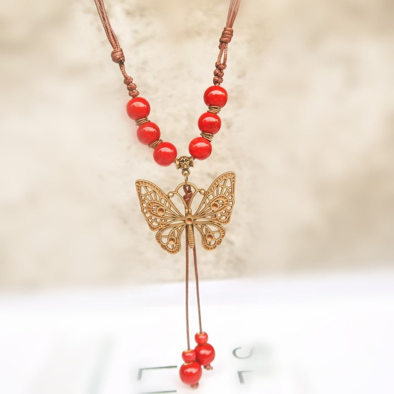 Butterfly Ethnic Style Ceramic Long Sweater Chain Women's Ancient Style Pendant Retro Chinese Style Butterfly Necklace Wholesale