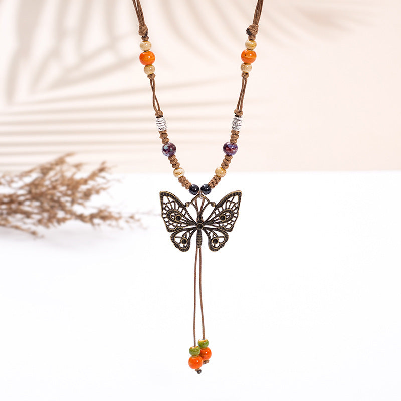 Butterfly Ethnic Style Ceramic Long Sweater Chain Women's Ancient Style Pendant Retro Chinese Style Butterfly Necklace Wholesale