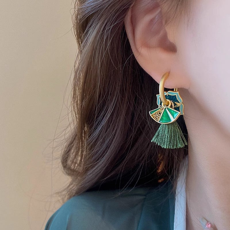 Chinese Style Enamel Drop Glaze Fan Earrings for Women, Niche High-end Design, Multi-wear Painted Earrings