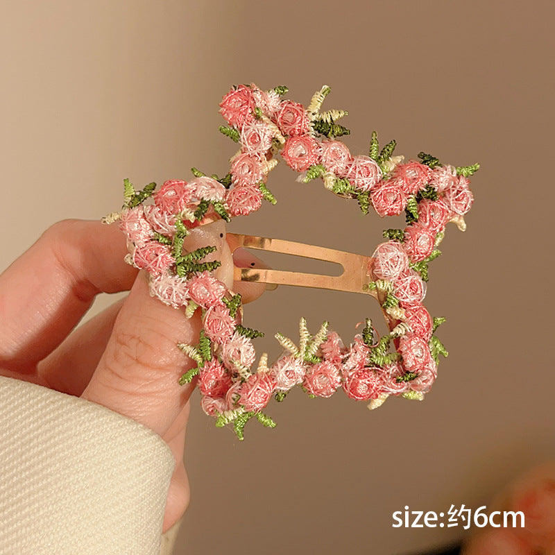 Chinese Embroidery High-end Pink Flower Hair Clip for Women 2025 New Sweet Heart BB Clip Forehead Side Bangs Hairpin Hair Accessory