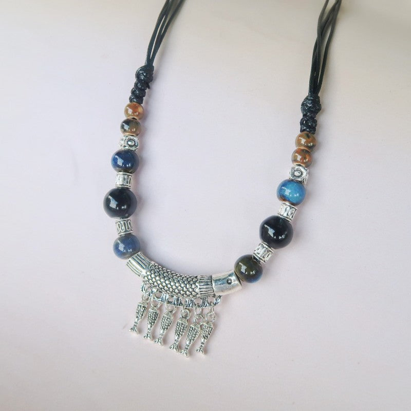 Butterfly Ethnic Style Ceramic Long Sweater Chain Women's Ancient Style Pendant Retro Chinese Style Butterfly Necklace Wholesale