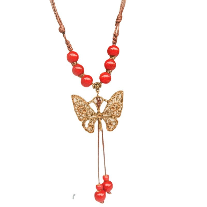 Butterfly Ethnic Style Ceramic Long Sweater Chain Women's Ancient Style Pendant Retro Chinese Style Butterfly Necklace Wholesale
