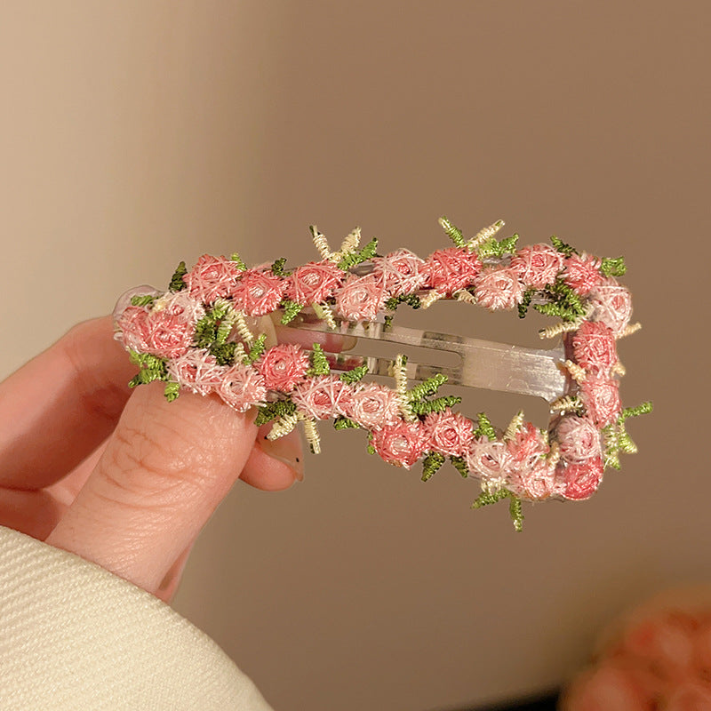 Chinese Embroidery High-end Pink Flower Hair Clip for Women 2025 New Sweet Heart BB Clip Forehead Side Bangs Hairpin Hair Accessory