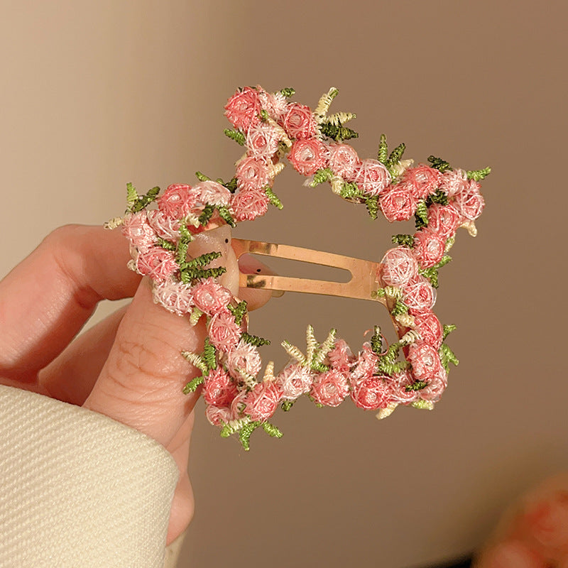 Chinese Embroidery High-end Pink Flower Hair Clip for Women 2025 New Sweet Heart BB Clip Forehead Side Bangs Hairpin Hair Accessory