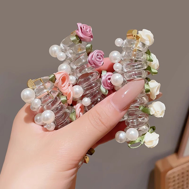 New Sweet Butterfly Rose Beaded Telephone Wire Hair Tie Ponytail Bubble Braid Magic Braiding Rope Hair Accessory
