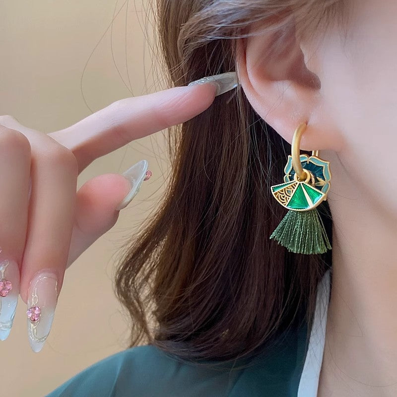 Chinese Style Enamel Drop Glaze Fan Earrings for Women, Niche High-end Design, Multi-wear Painted Earrings