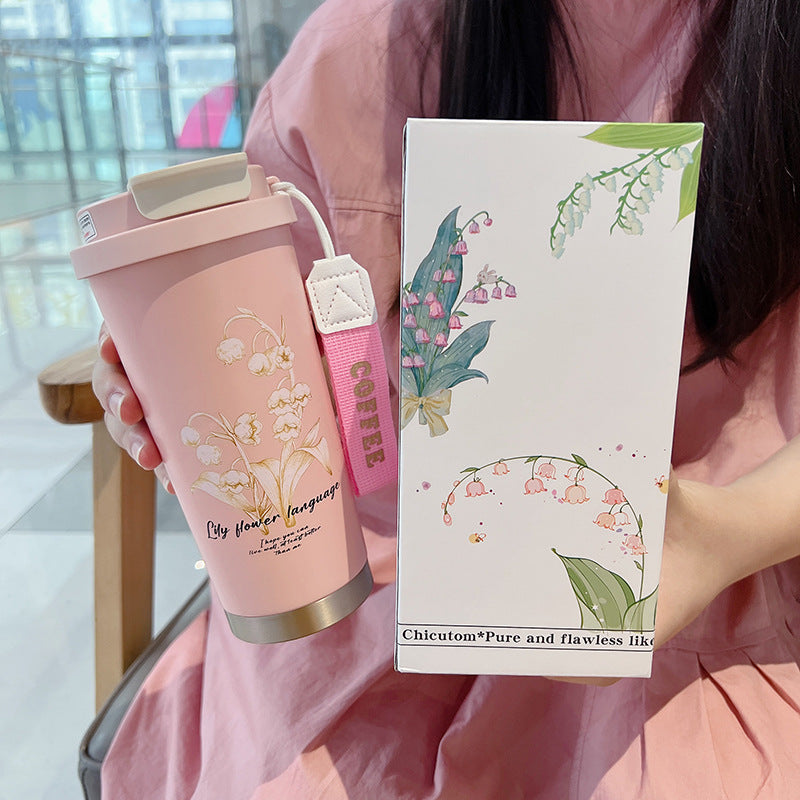New 316 Coffee Cup Lily of the Valley Insulated Cup Student High-Value Travel Cup Car Dual Drinking Straw Water Cup