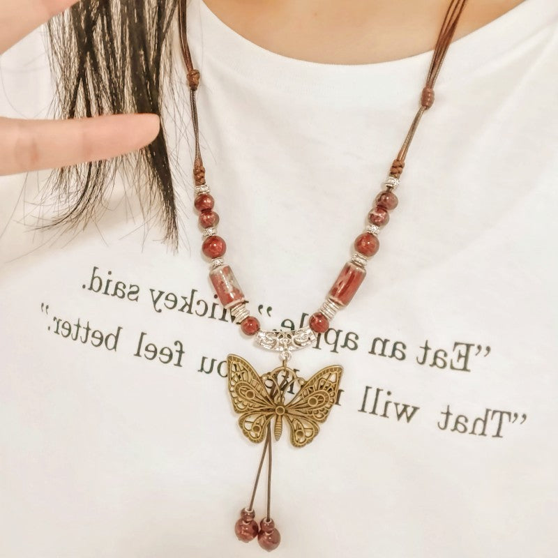 Butterfly Ethnic Style Ceramic Long Sweater Chain Women's Ancient Style Pendant Retro Chinese Style Butterfly Necklace Wholesale