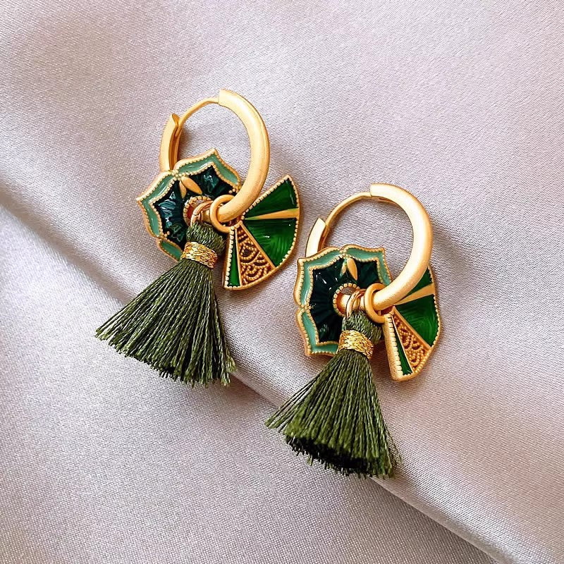 Chinese Style Enamel Drop Glaze Fan Earrings for Women, Niche High-end Design, Multi-wear Painted Earrings