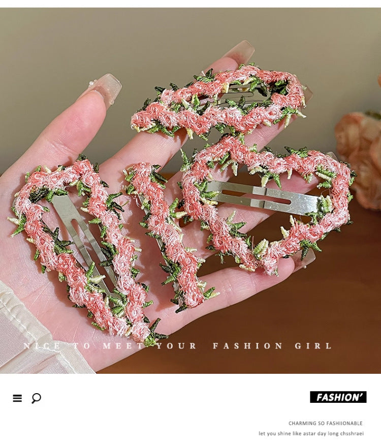 Chinese Embroidery High-end Pink Flower Hair Clip for Women 2025 New Sweet Heart BB Clip Forehead Side Bangs Hairpin Hair Accessory