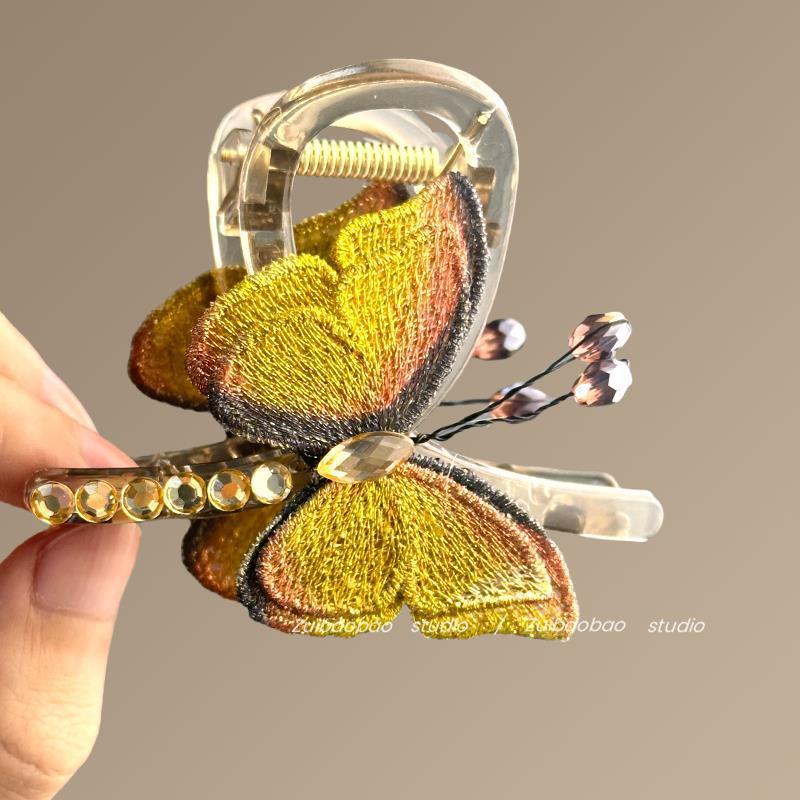 Butterfly Temperament Chinese Retro Style Embroidered Butterfly Claw Clip Back of Head Half Updo Shark Clip Hair Accessory Travel Hairpin