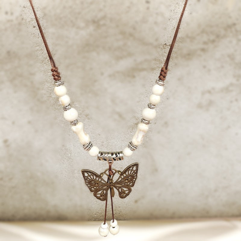 Butterfly Ethnic Style Ceramic Long Sweater Chain Women's Ancient Style Pendant Retro Chinese Style Butterfly Necklace Wholesale
