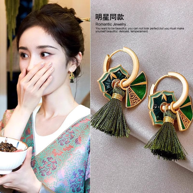 Chinese Style Enamel Drop Glaze Fan Earrings for Women, Niche High-end Design, Multi-wear Painted Earrings