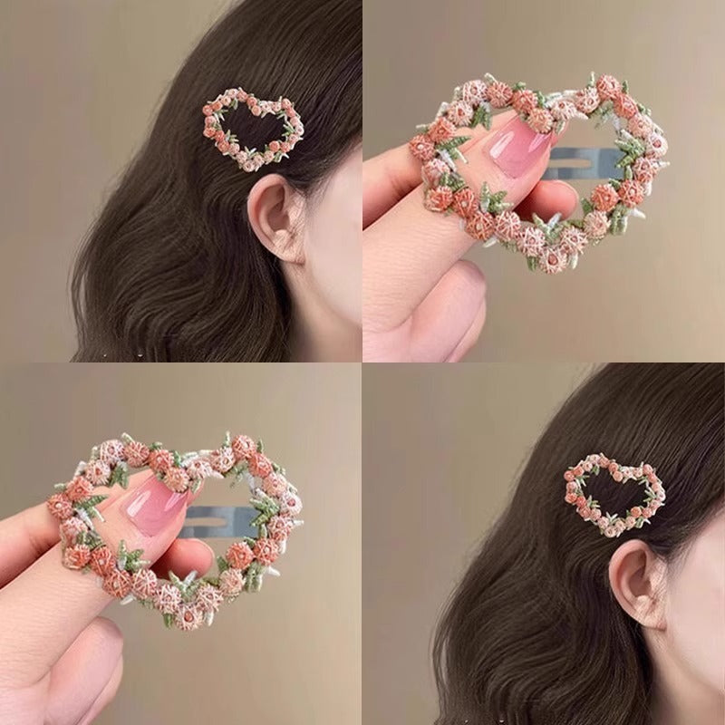 Chinese Embroidery High-end Pink Flower Hair Clip for Women 2025 New Sweet Heart BB Clip Forehead Side Bangs Hairpin Hair Accessory