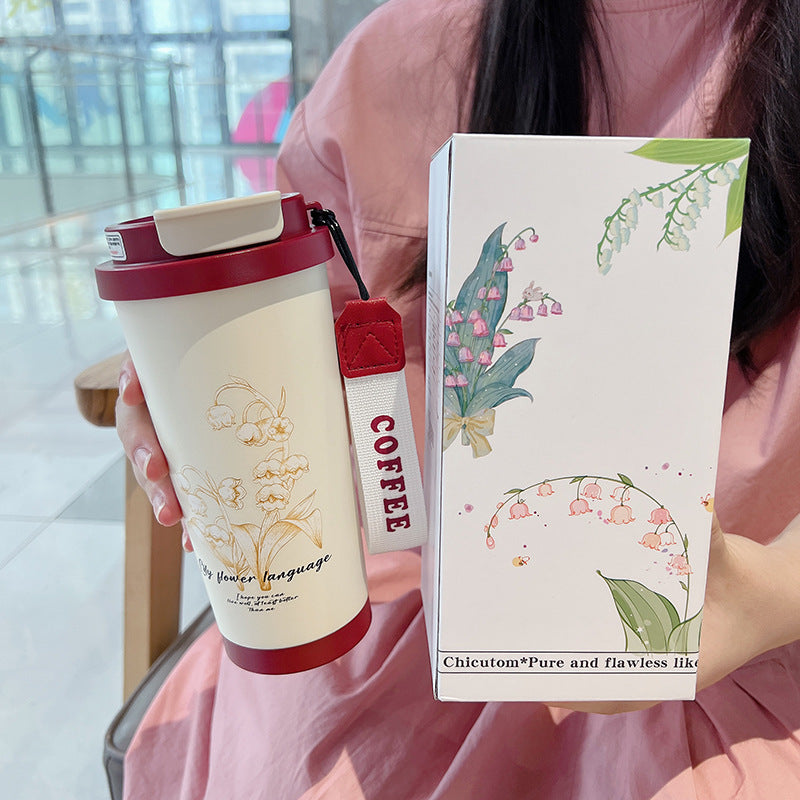 New 316 Coffee Cup Lily of the Valley Insulated Cup Student High-Value Travel Cup Car Dual Drinking Straw Water Cup