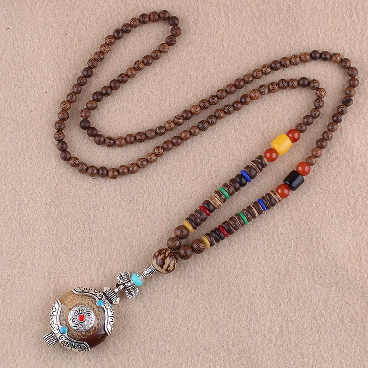 Ethnic Style Retro Long Wooden Sweater Chain Bodhi Pendant Wooden Bead Necklace Men's and Women's Cotton and Linen Pendant Accessories Wholesale