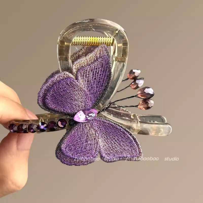 Butterfly Temperament Chinese Retro Style Embroidered Butterfly Claw Clip Back of Head Half Updo Shark Clip Hair Accessory Travel Hairpin