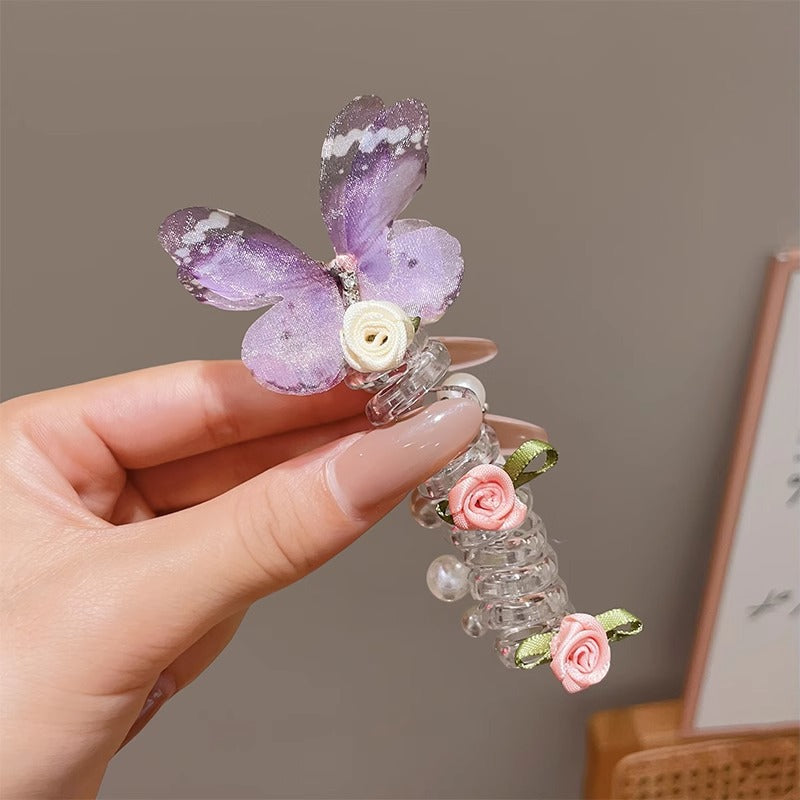 New Sweet Butterfly Rose Beaded Telephone Wire Hair Tie Ponytail Bubble Braid Magic Braiding Rope Hair Accessory