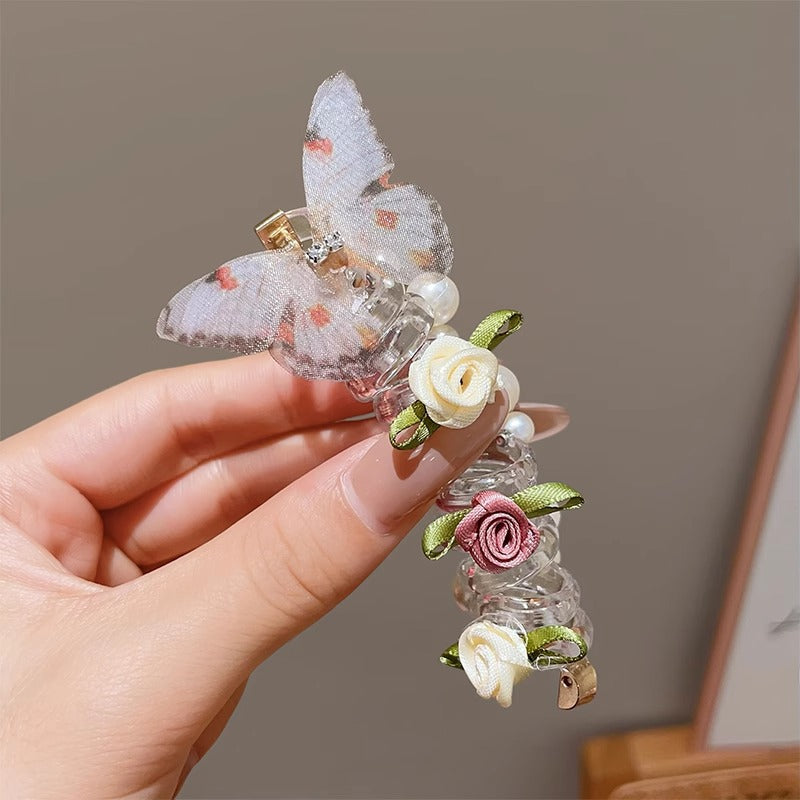 New Sweet Butterfly Rose Beaded Telephone Wire Hair Tie Ponytail Bubble Braid Magic Braiding Rope Hair Accessory